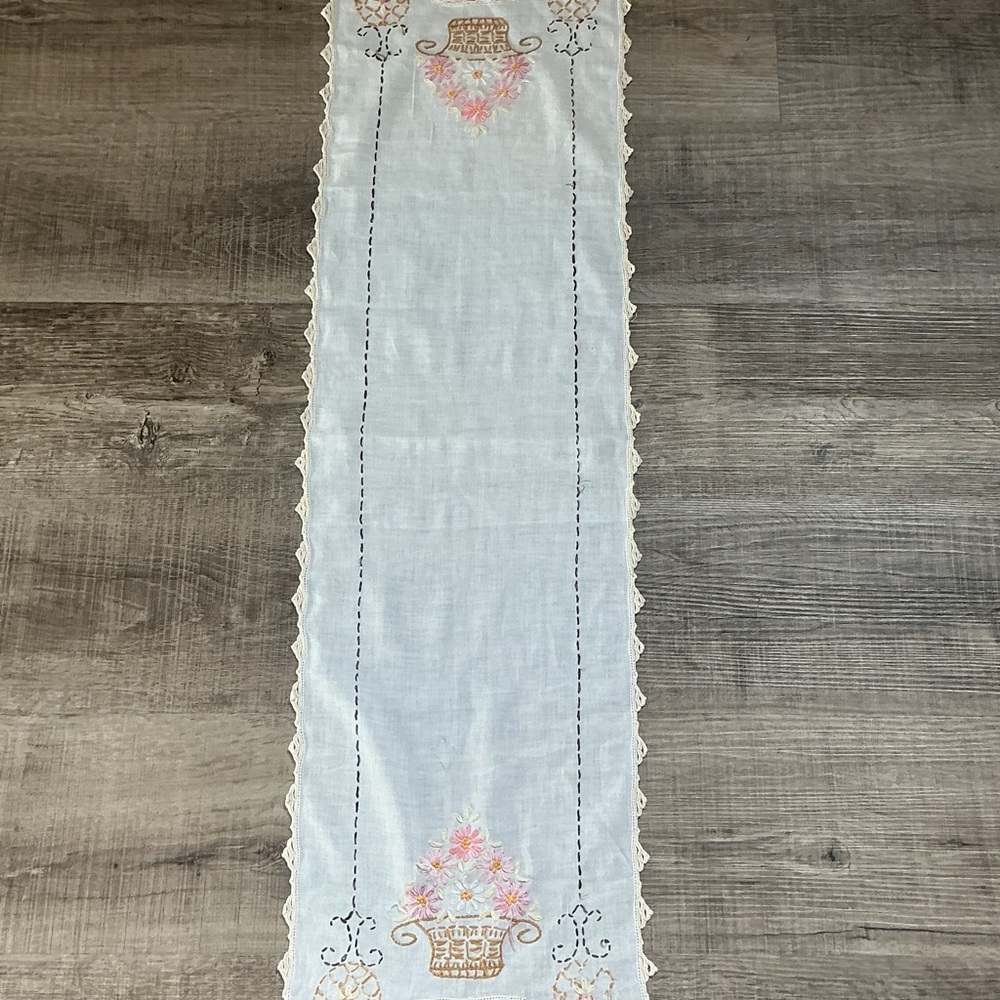 Vintage Table Runner Dresser Scarf Embroidered Baskets Cottage Core Shabby Chic